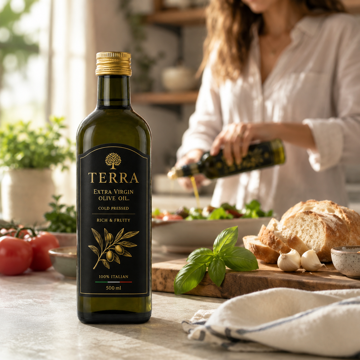 Terra Extra Virgin Olive Oil bottle on a kitchen counter next to food