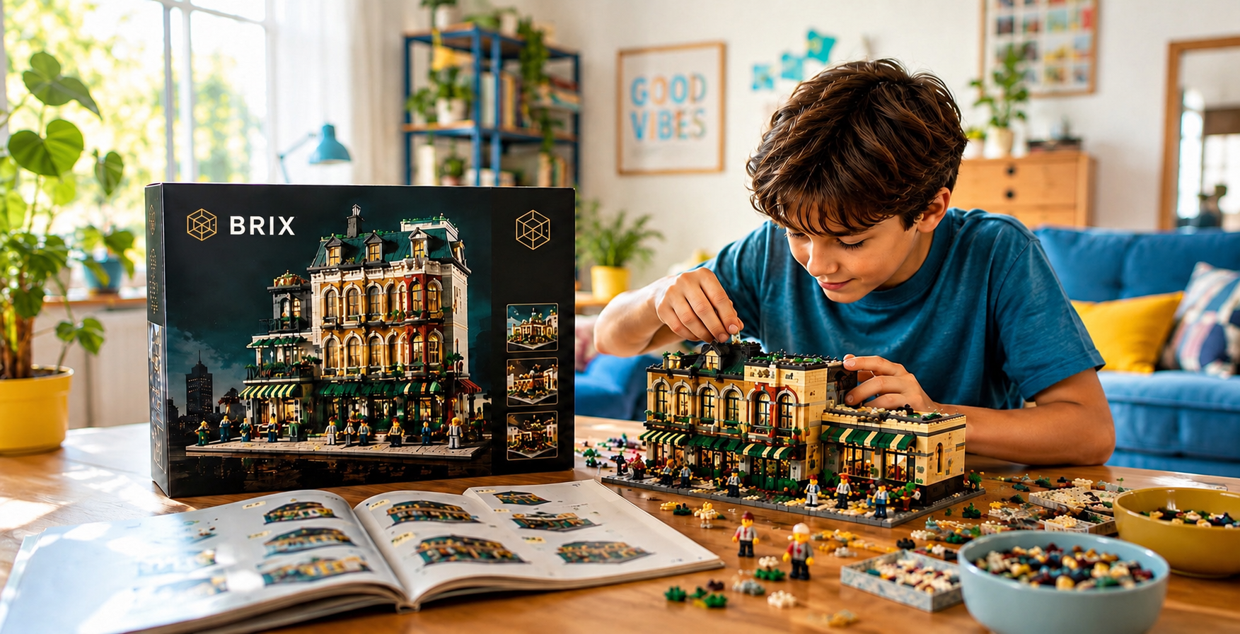 A boy sits at a table, assembling a building from a LEGO set.
