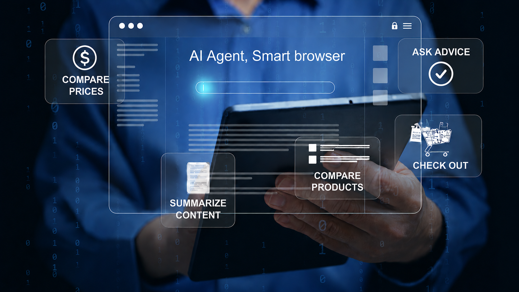 Person holding a tablet with an AI agent overlay showing options to summarize content