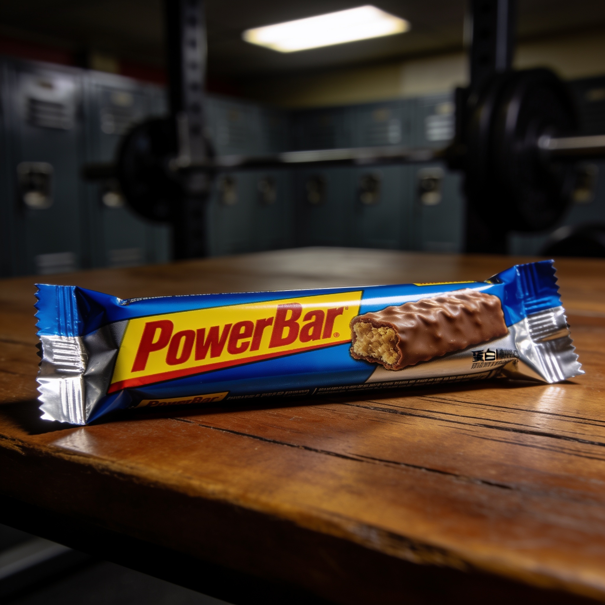 A PowerBar protein bar sits on a gym weight bench.