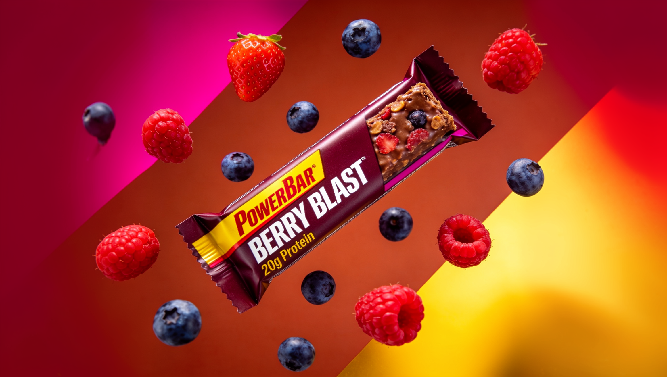 PowerBar Berry Blast bar with berries floating around it
