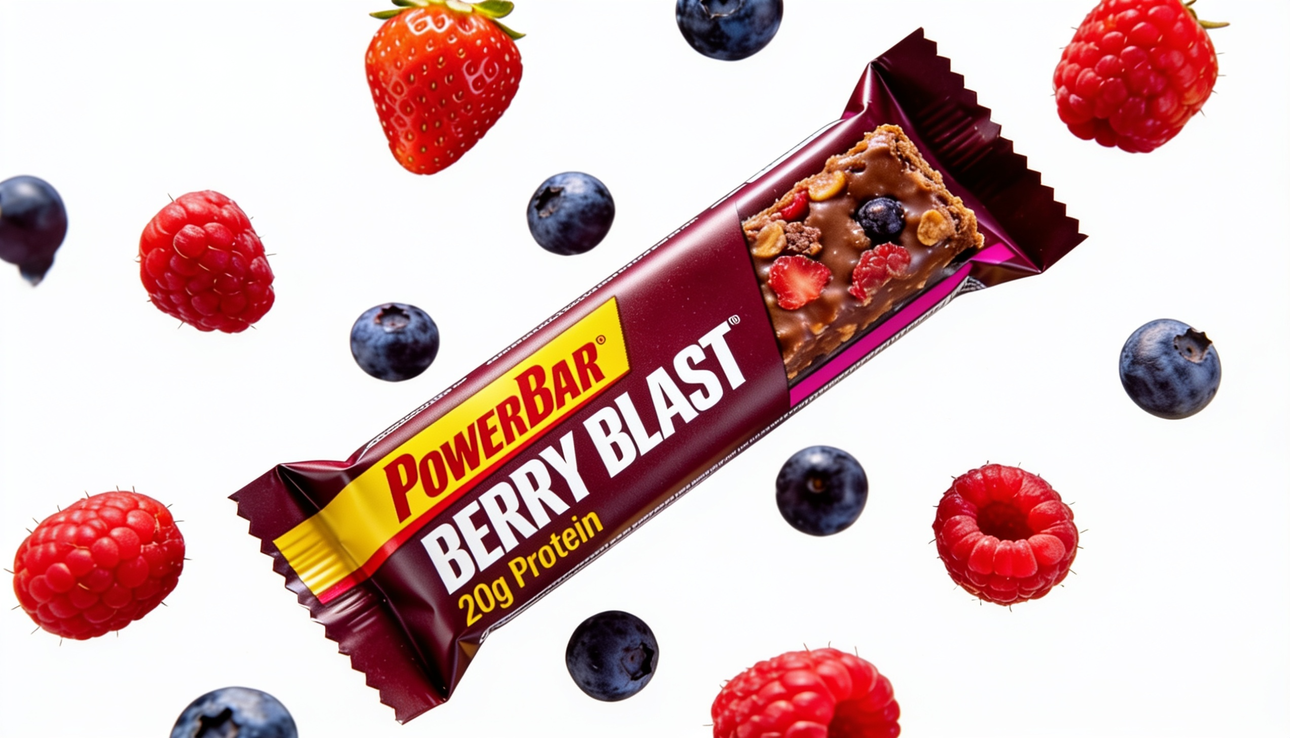 PowerBar Berry Blast chocolate bar with a variety of berries around it