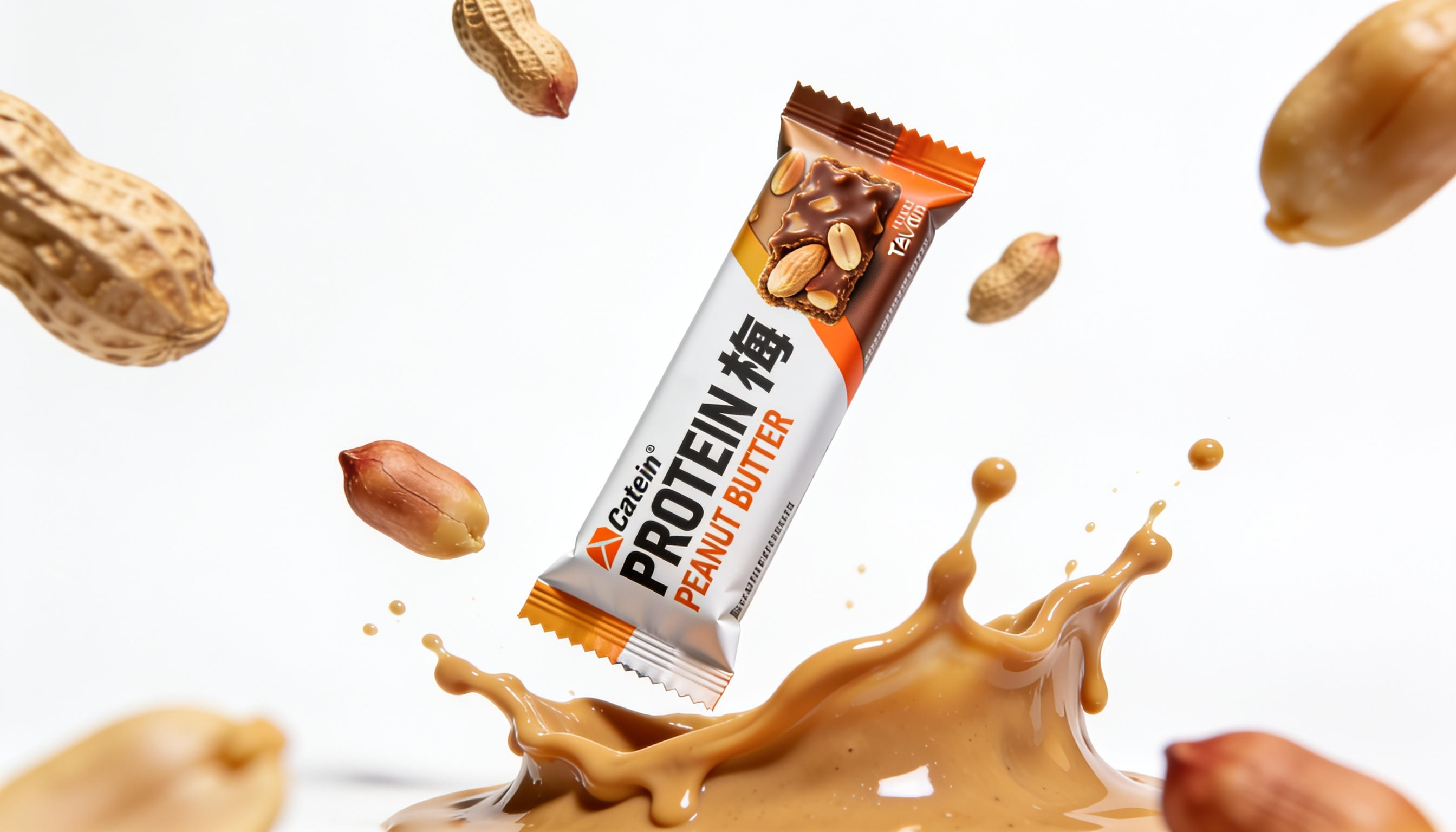 Protein bar with peanut butter filling and peanuts around