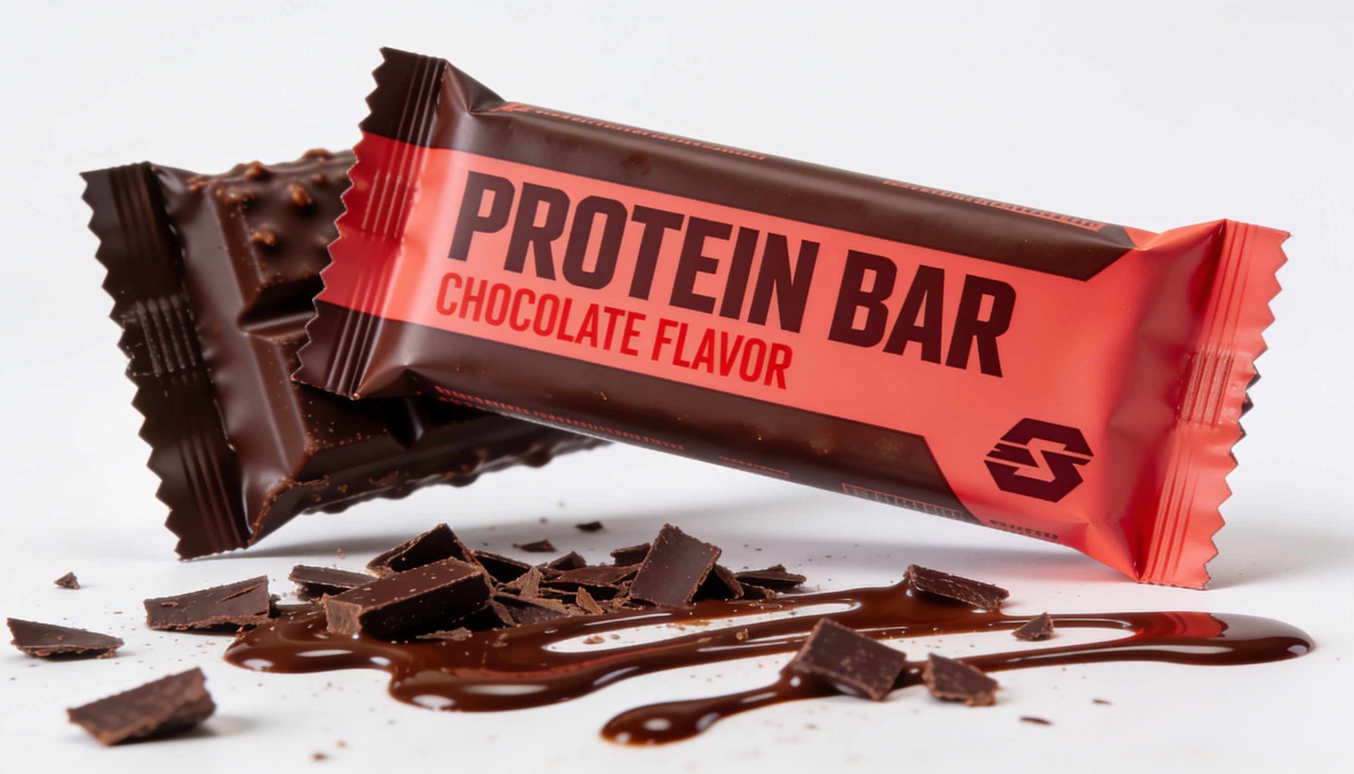 Protein bar with chocolate flavor spilling chocolate bits on a white surface
