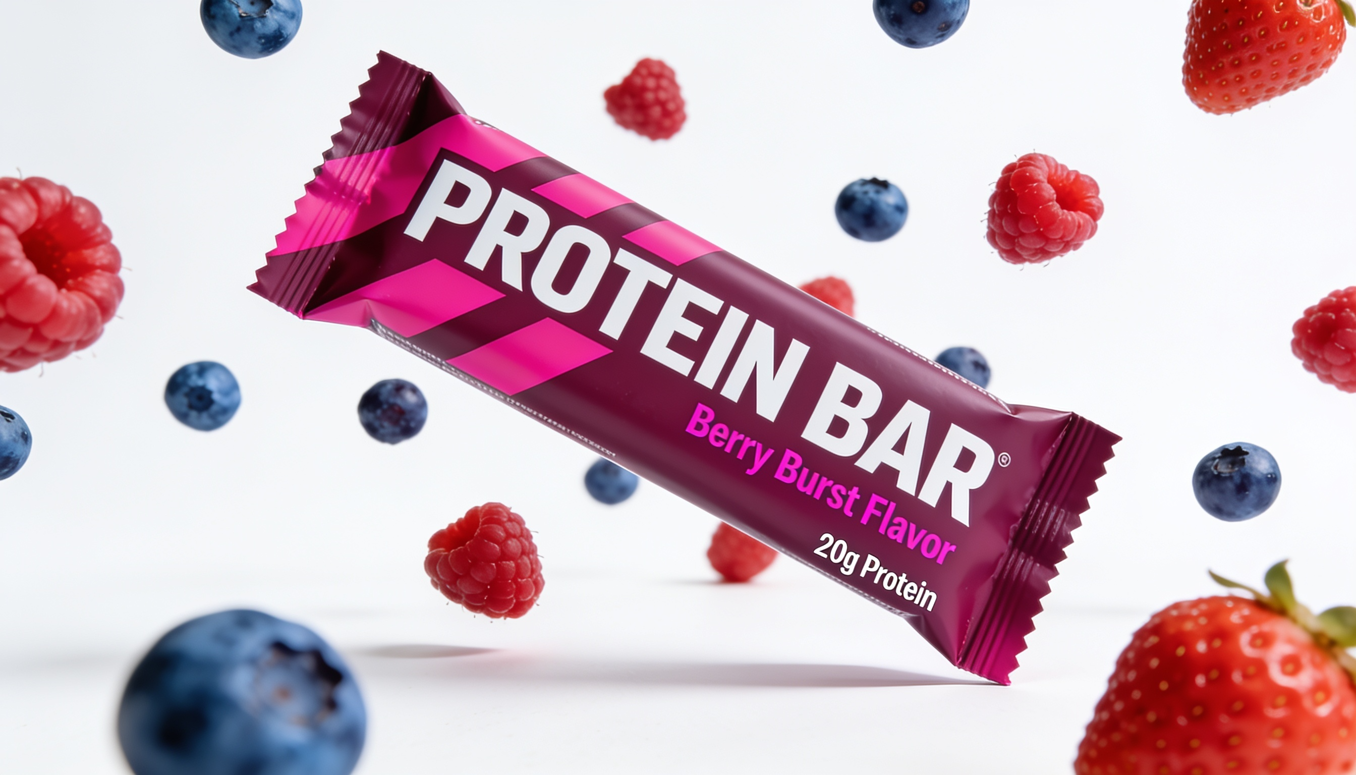 Protein bar with berry burst flavor surrounded by raspberries and blueberries