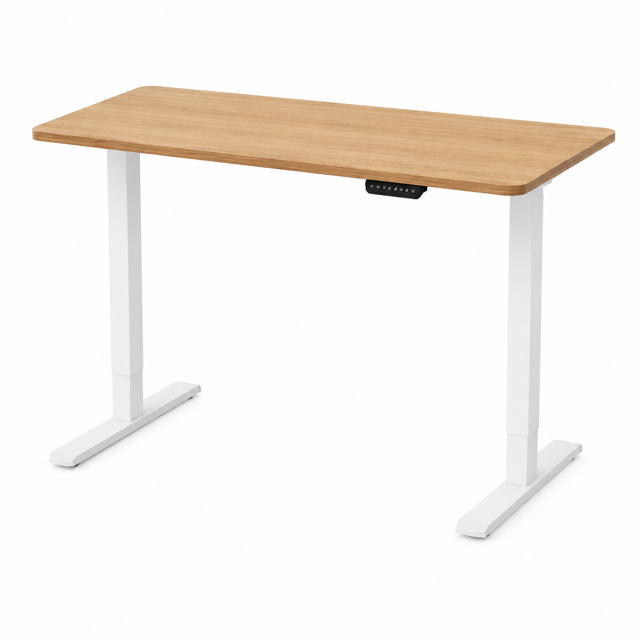 Oak adjustable height desk with white legs.