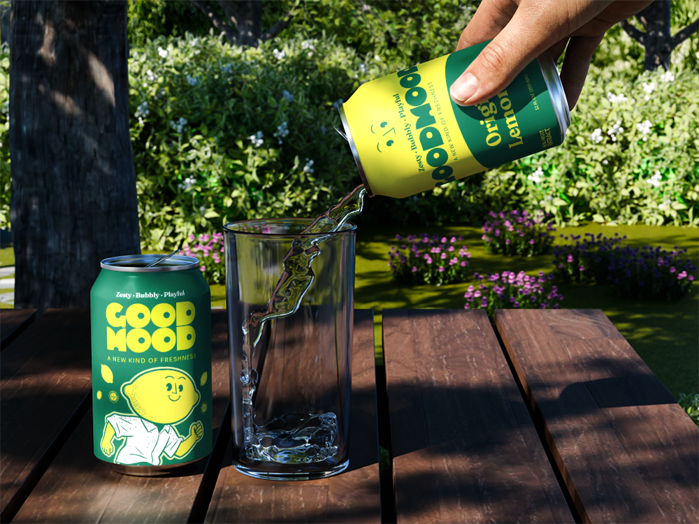 A hand pours a can of Good Mood soda into a glass outdoors