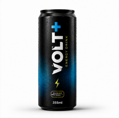 Black can of Volt Energy Drink with blue and yellow graphics.