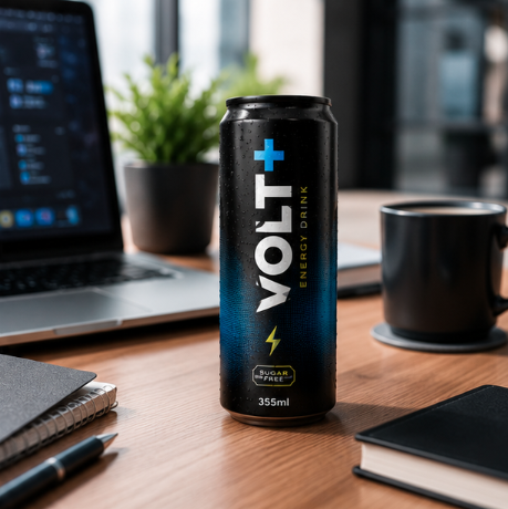 Volt Energy Drink can on a desk beside a laptop.