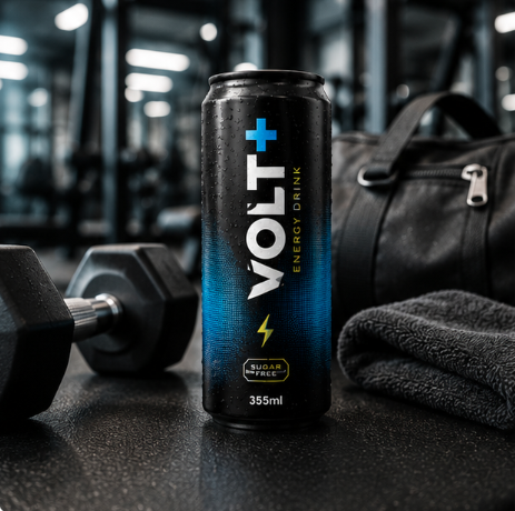 A can of Volt Energy Drink next to a gym bag and dumbbell.