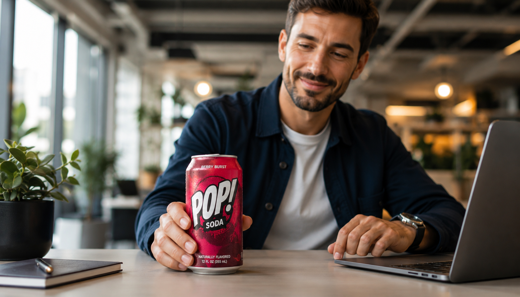 Man holding a can of Berry Burst Pop! Soda