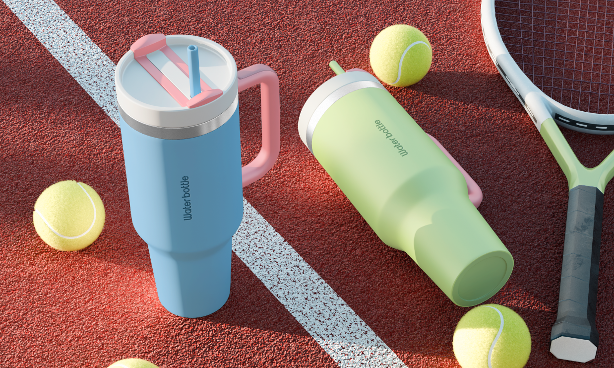 Water bottles and tennis balls on a tennis court