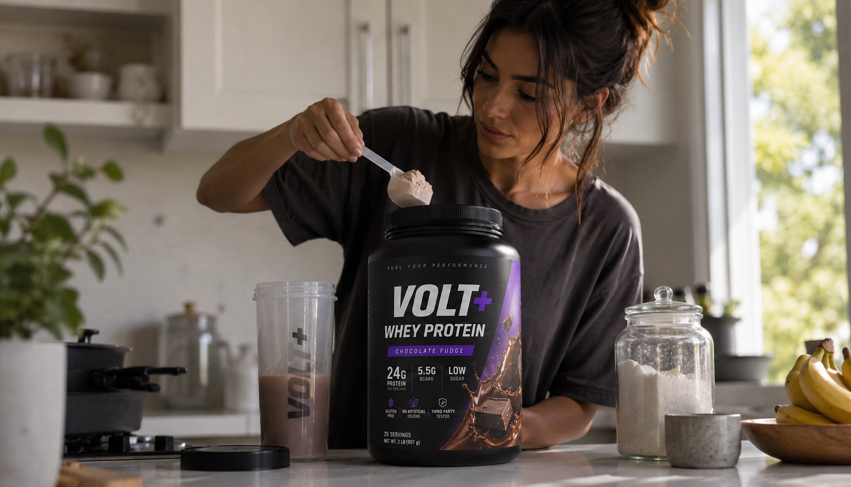 Woman scooping protein powder into a shaker bottle