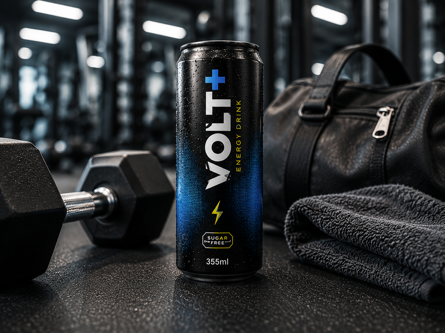 Volt energy drink can sitting on a gym bench next to a dumbbell