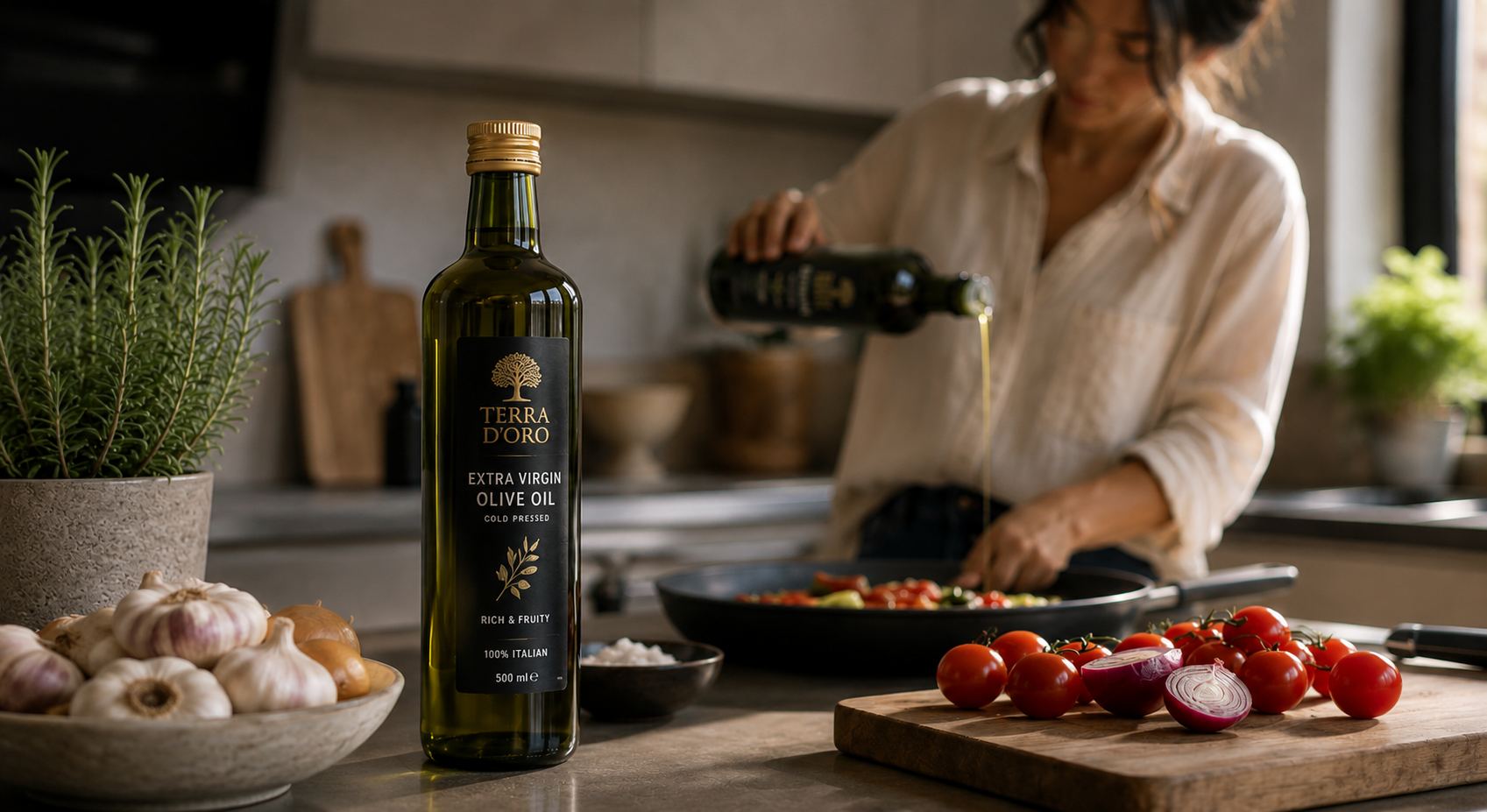 Bottle of extra virgin olive oil with label Terra D'oro