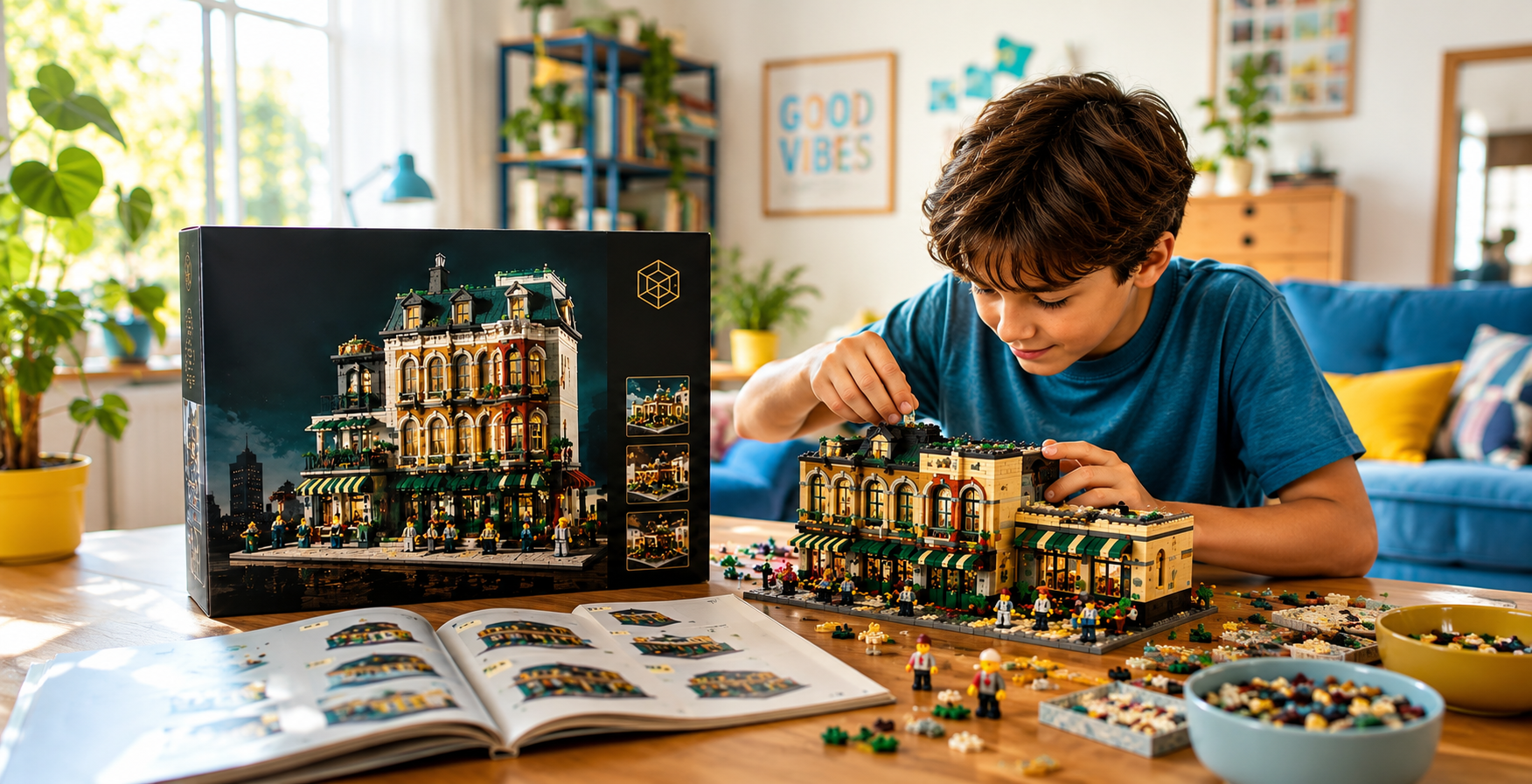 A boy building a model of a city street with Legos