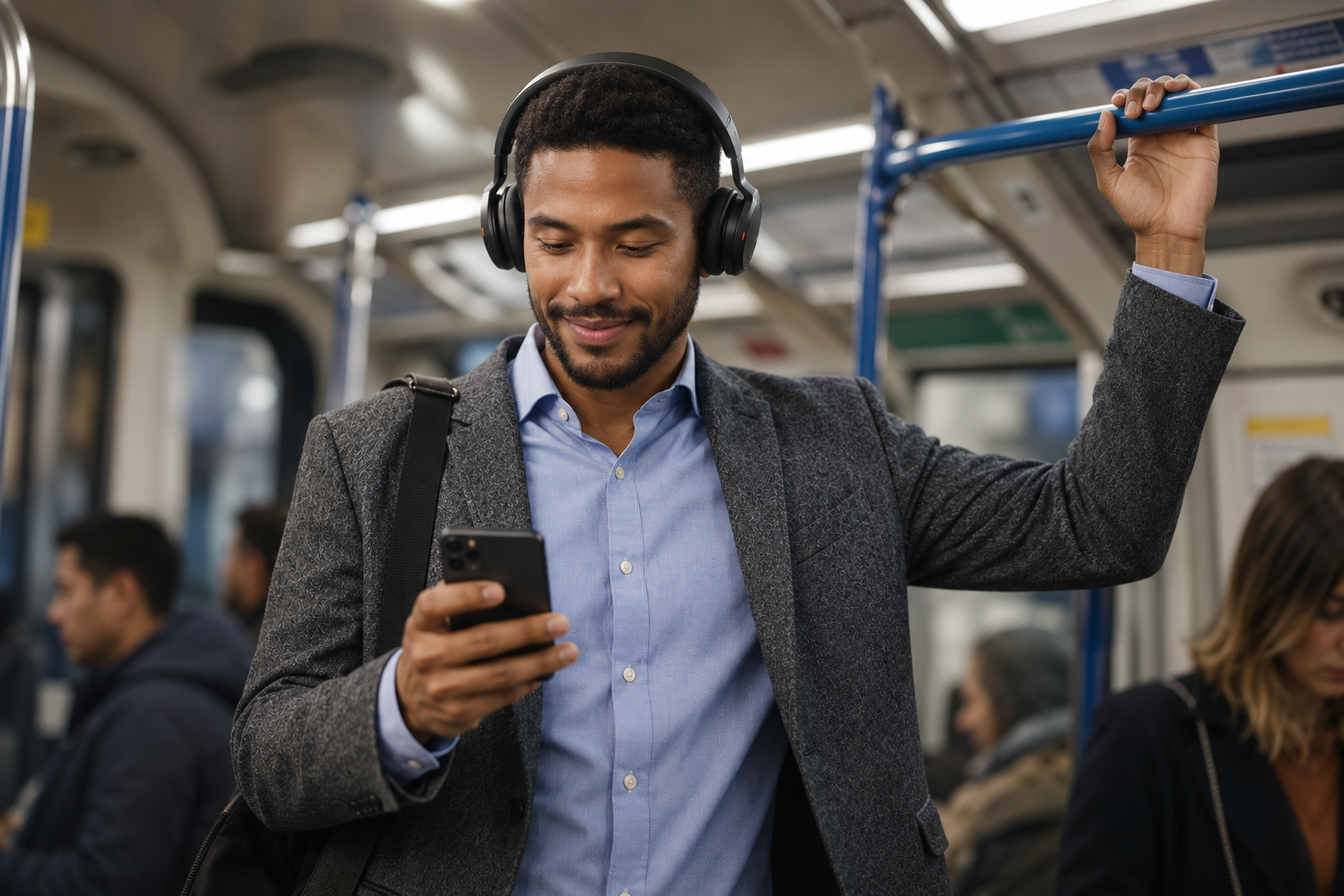 Man standing on a subway wearing headphones, holding his phone, and smiling.