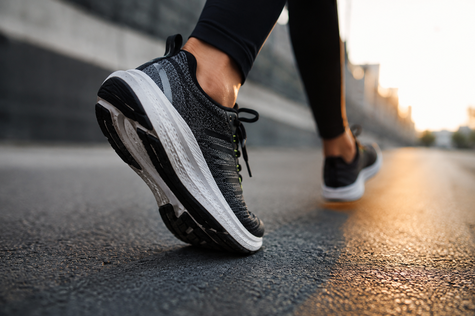 A person in black leggings jogs on a city road with their foot hitting the pavement.