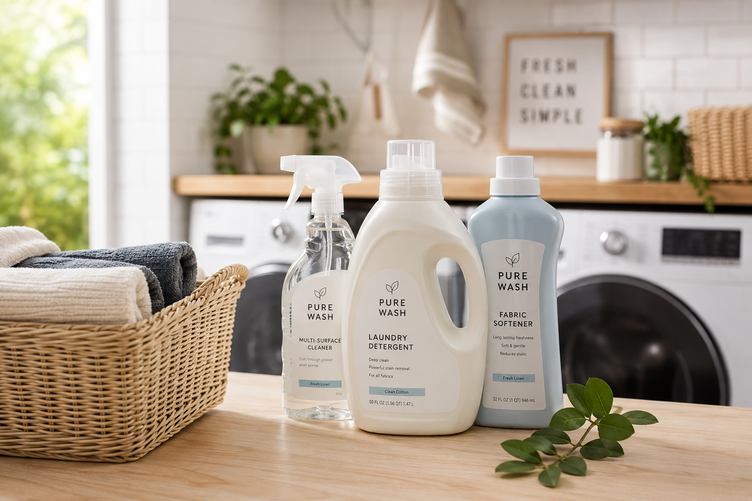 Laundry detergent, fabric softener and multi-surface cleaner in a basket next to a washer.