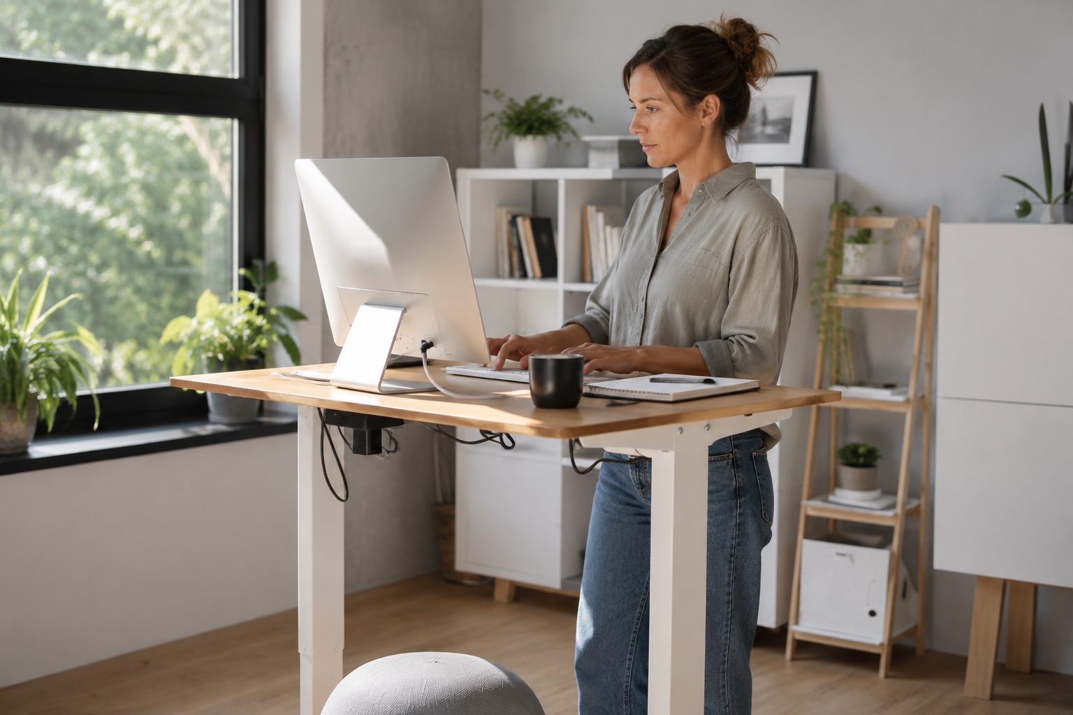 Woman standing at a standing desk while working on a laptop