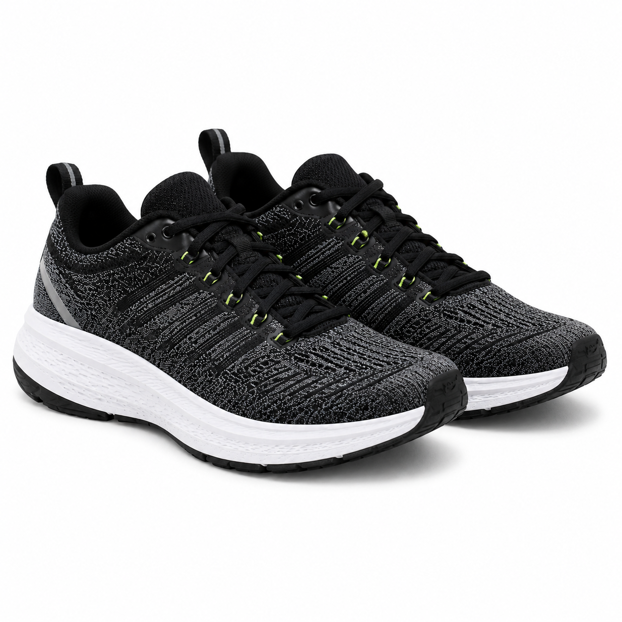 A pair of black running shoes with white soles and black laces.