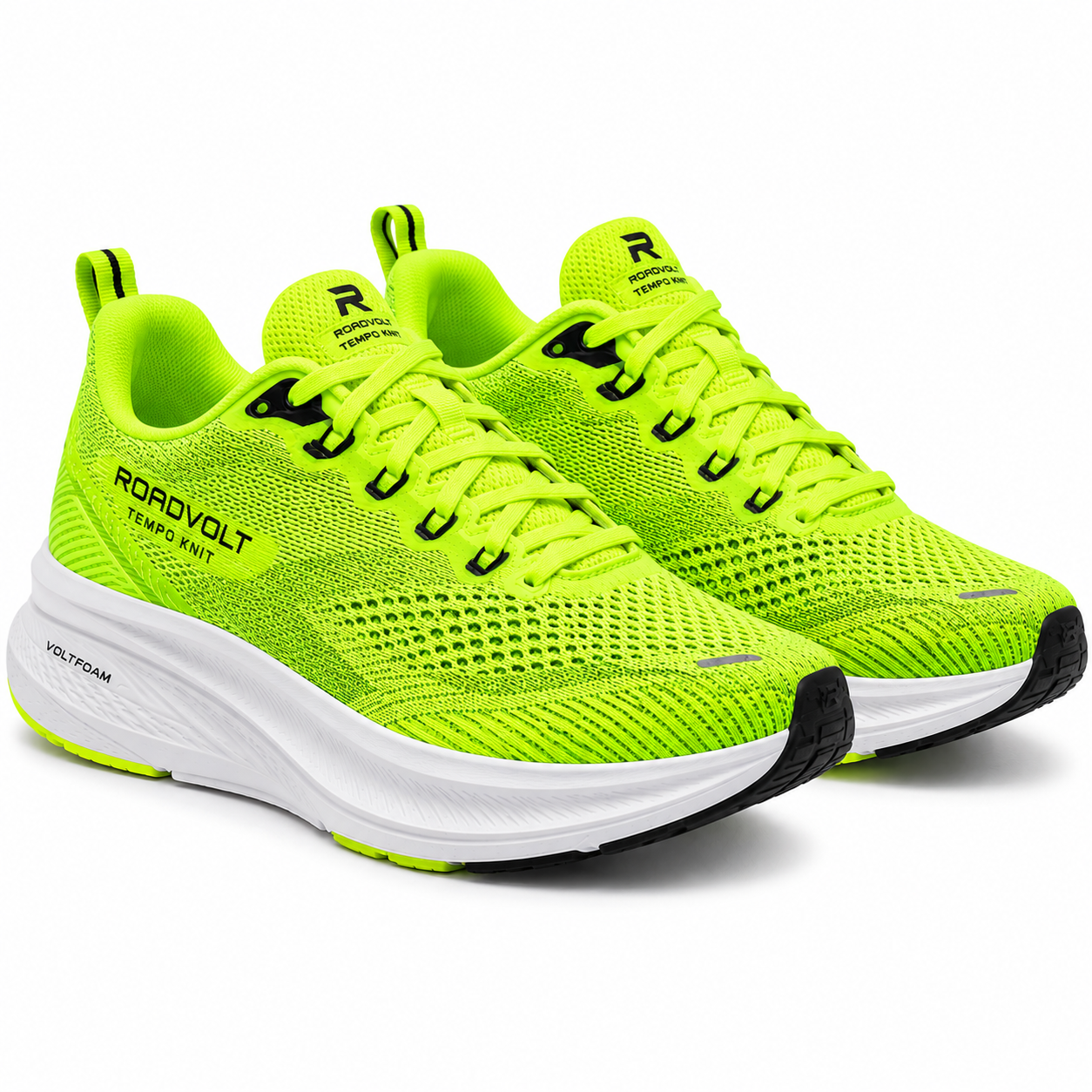 A pair of bright green RoadVolt Tempo Knit running shoes displayed on a white background