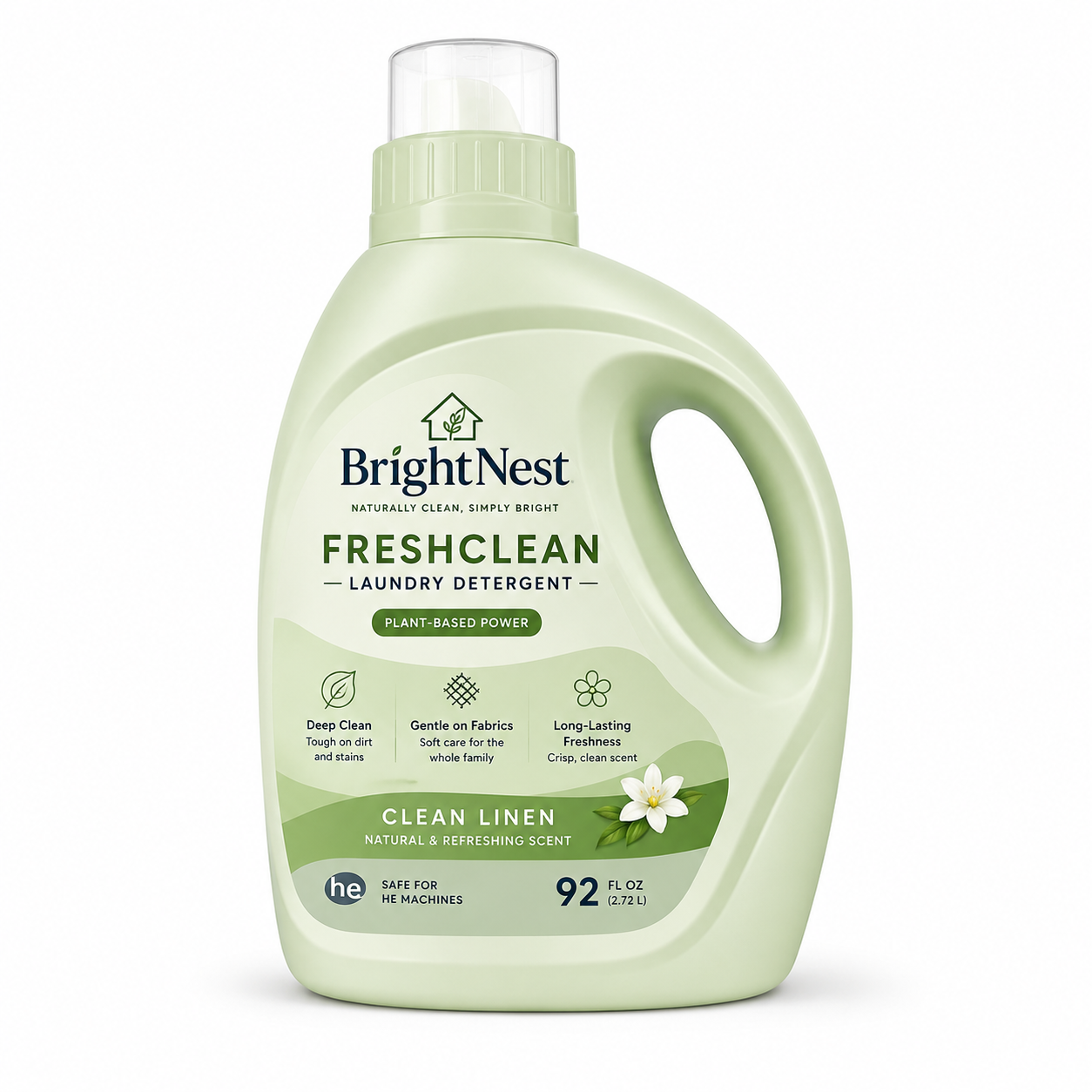 Green bottle of BrightNest FreshClean laundry detergent with label