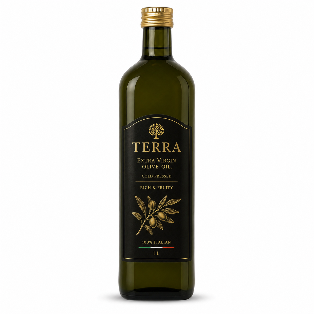 A bottle of Terra extra virgin olive oil labeled rich and fruity