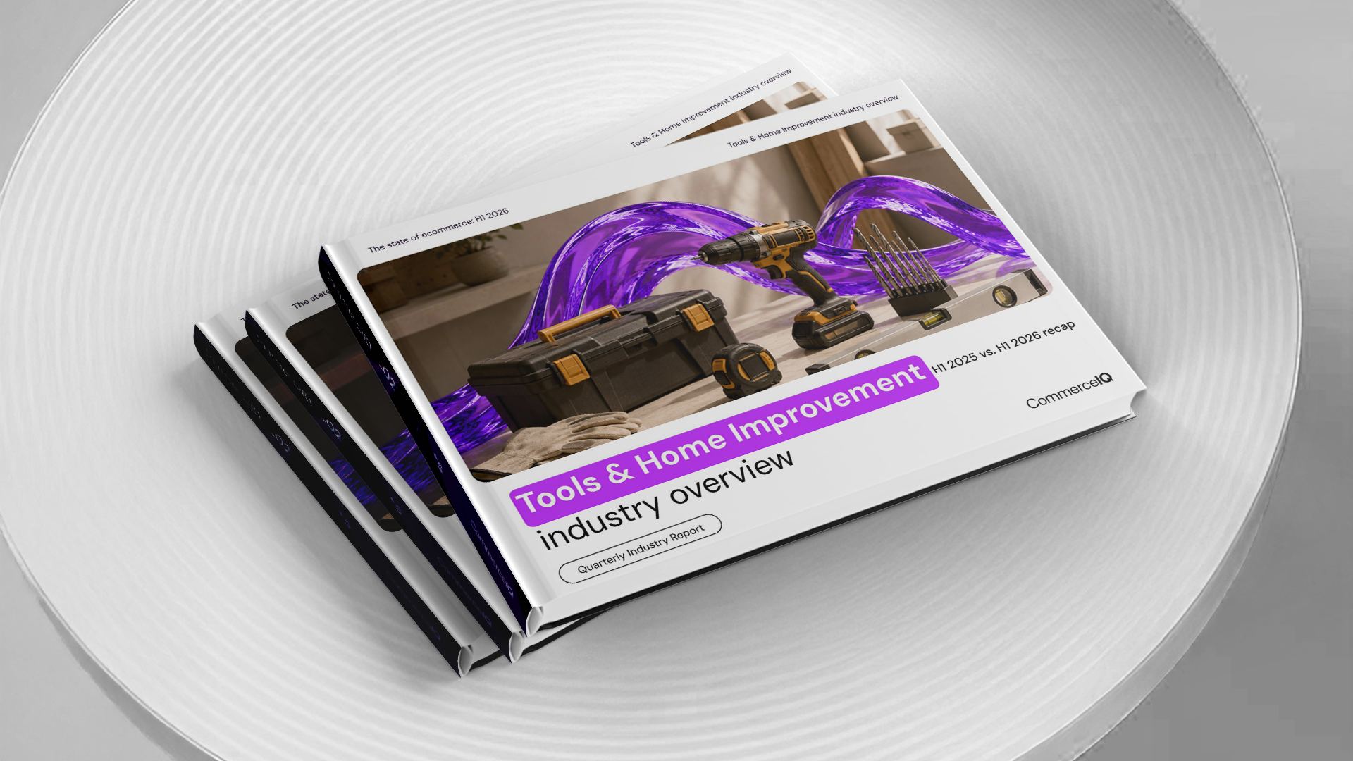 Stack of CommerceIQ reports on the state of tools and home improvement
