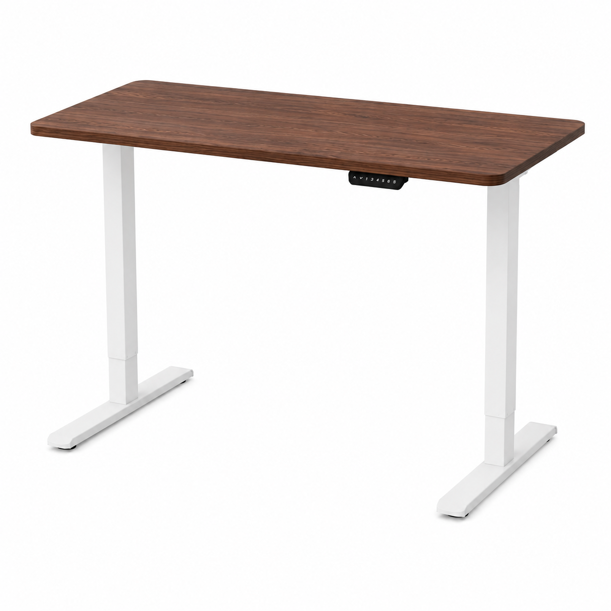 Walnut standing desk with white legs and a control panel.