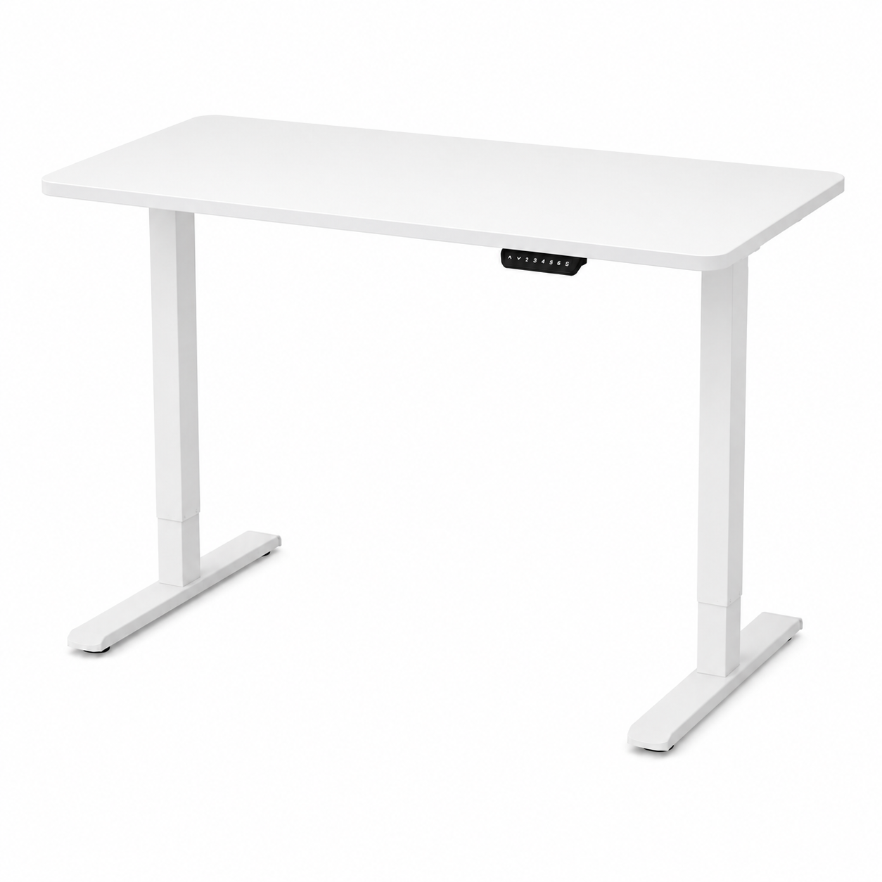 White adjustable height desk with a black control panel.