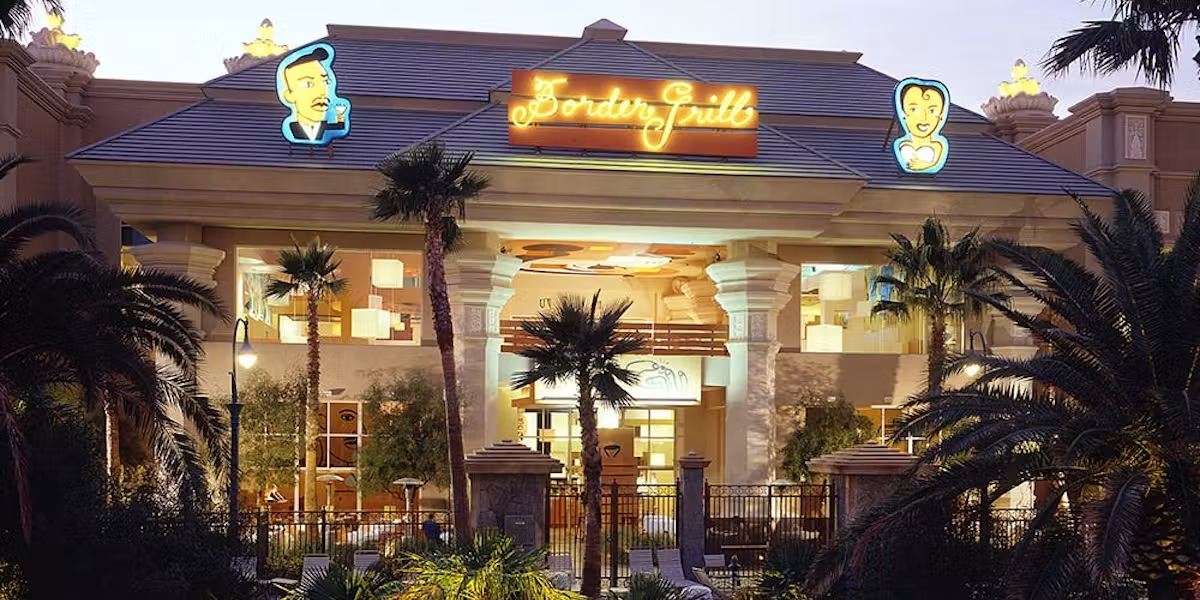 Exterior of the Border Grill with two animated characters on the roof
