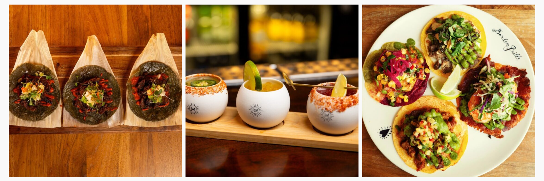 Three dishes and a drink on a wooden surface