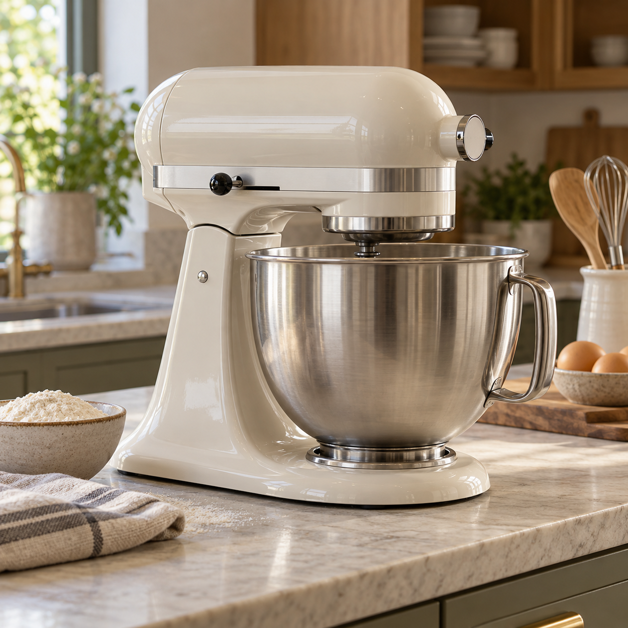 Cream tilt-head stand mixer on a kitchen counter