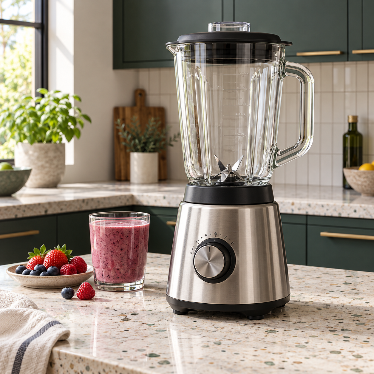 Stainless steel blender on a kitchen counter
