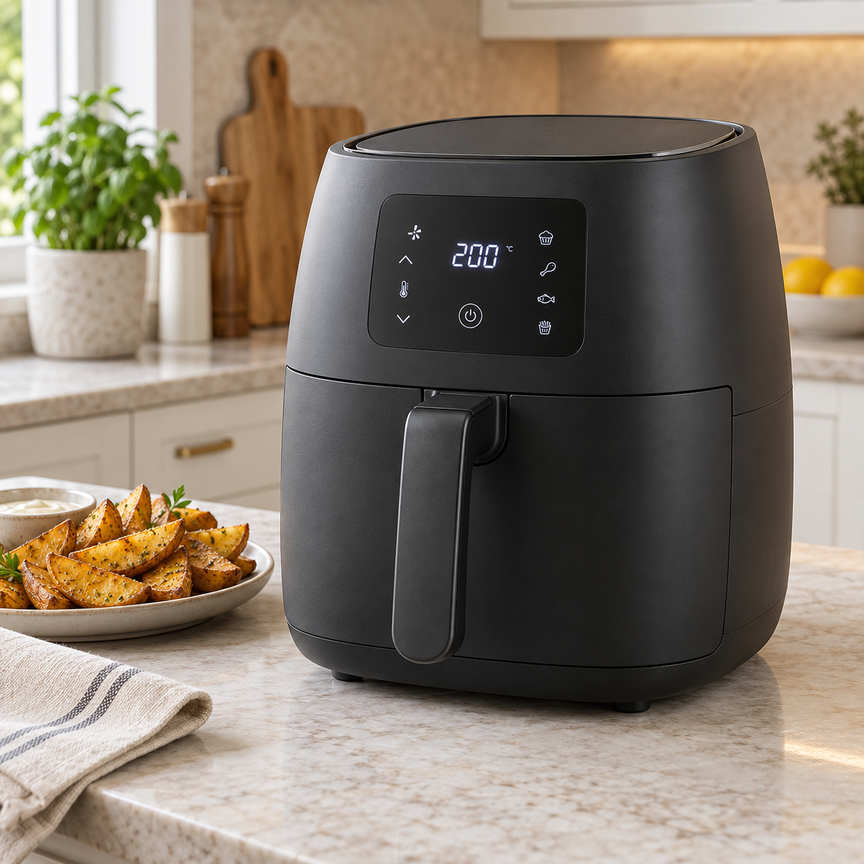Air fryer with food on a kitchen counter