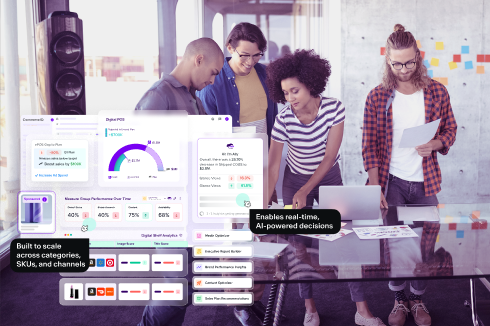 Team analyzing data on laptops, charts, and graphs displayed on screens, text reads "Enables real-time, AI-powered decisions