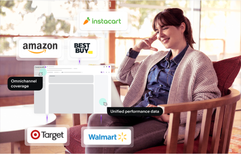 Woman analyzing unified performance data on laptop with Amazon, Best Buy, Instacart, Target, Walmart logos.