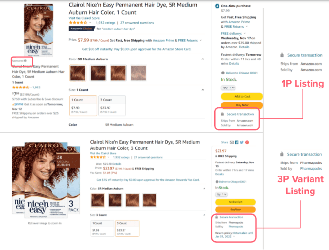 Screenshot of Amazon product listings for Clairol Nice'n Easy Permanent Hair Dye, 5R Medium Auburn Hair Color.