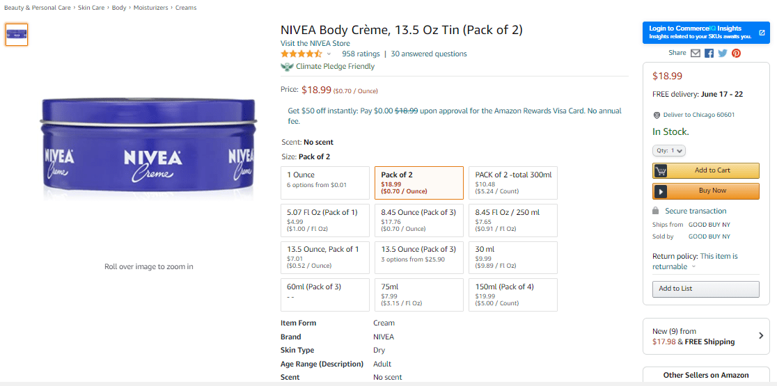 Nivea Body Creme 13.5 Oz Tin, blue tin with cream inside, available in various sizes and prices.