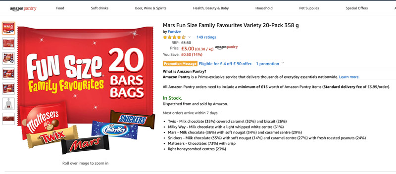 Mars Fun Size Family Favourites Variety 20-Pack 358 g by Funsize, 149 ratings, RRP: £3.50, Price: £3.00, 8.83/kg, Amazon Pantry offer.