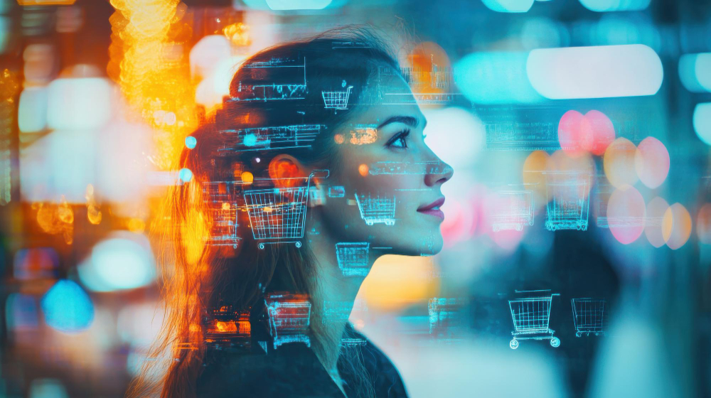 Woman gazing at a futuristic cityscape with shopping carts and data overlays.