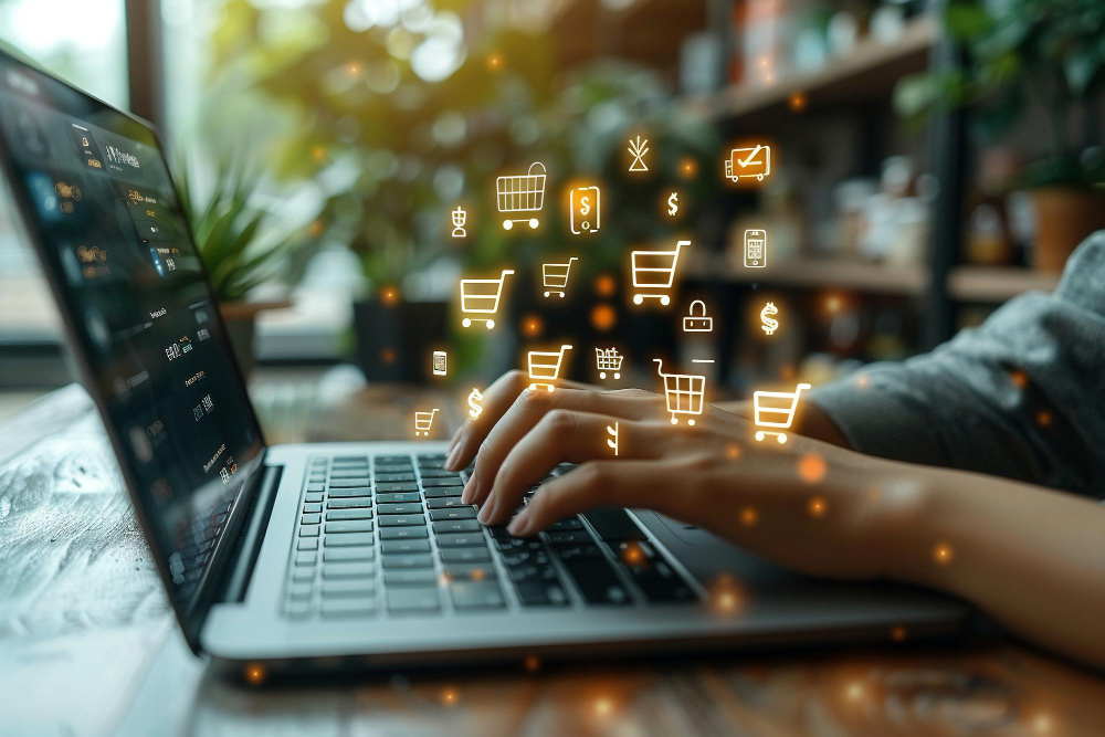 Person typing on laptop with shopping cart icons floating above the screen.