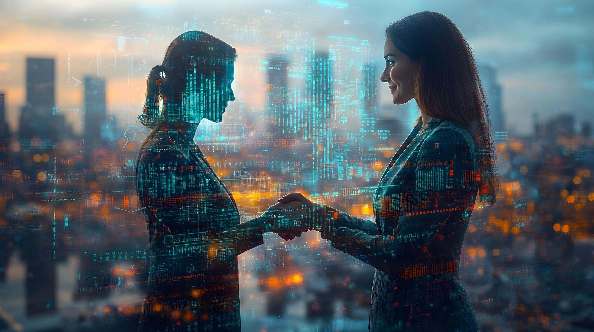 Two businesswomen shaking hands with a digital grid overlay and cityscape in the background.
