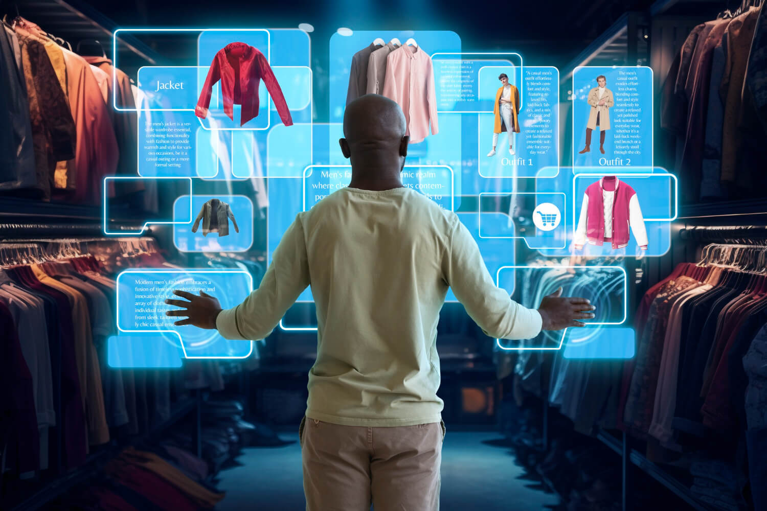 Man in a clothing store with virtual reality overlay showing jacket and outfit options.